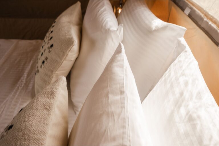 Textile detail inside glamping tent at Mia Glamping in Saaremaa with natural fabrics